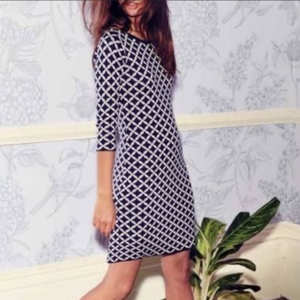 Boden Navy and White Diamond Pattern Sweater Dress - Size 12